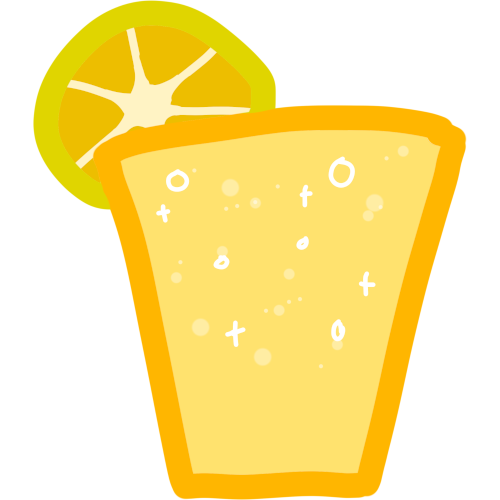 A glass of yellow soda. On the top is a slice of lemon.
